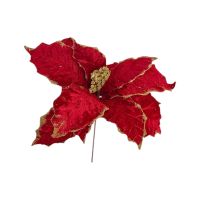Цветок искусственный Пуансеттия бархат, красный с золотом, h40 см, FA48-21 - вид 1 миниатюра