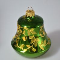 Елочный шар Царский узор золотом по зеленому Колокольчик, 7 см, стекло
