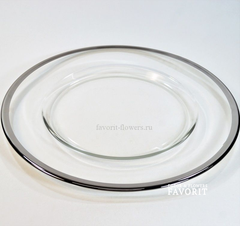 Тарелка стеклянная d32 см, прозрачная с серебряной каймой, М80-1 Тарелка стеклянная d32 см, прозрачная с серебряной каймой, М80-1