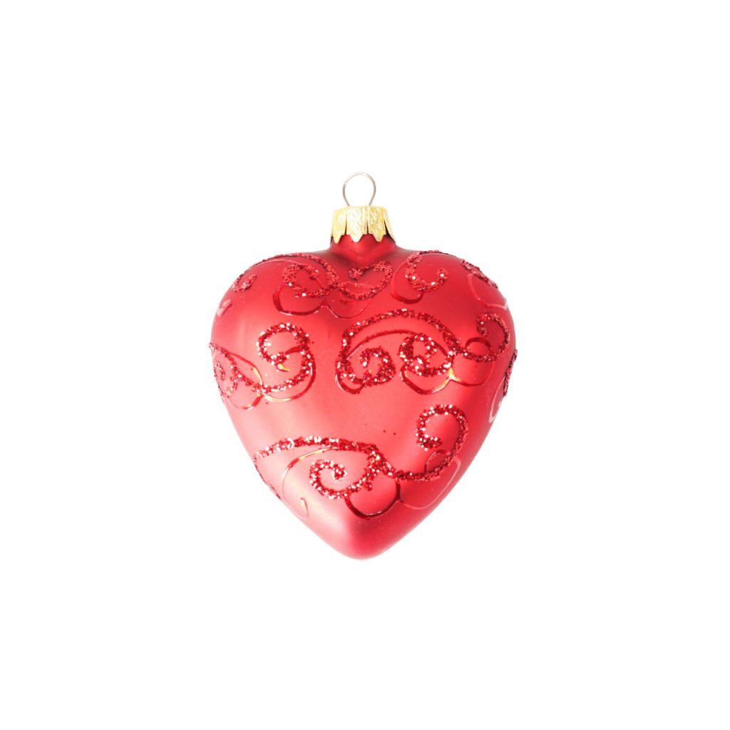 Елочное украшение Сердце красное с красным орнаментом 8 см, стекло