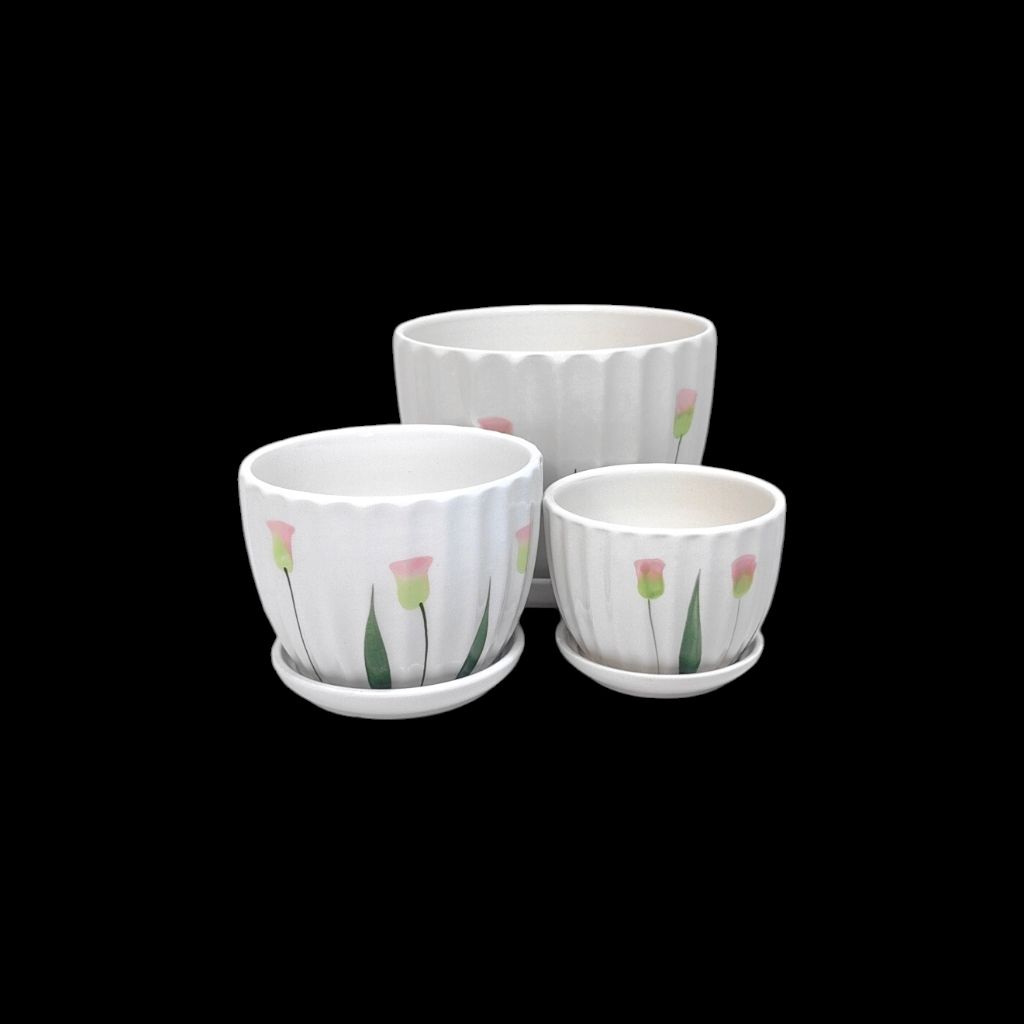 Кашпо керамическое с поддоном Цветы, набор их 3 шт, белый, FA32-71 Кашпо керамическое с поддоном Цветы, набор их 3 шт, белый, FA32-71