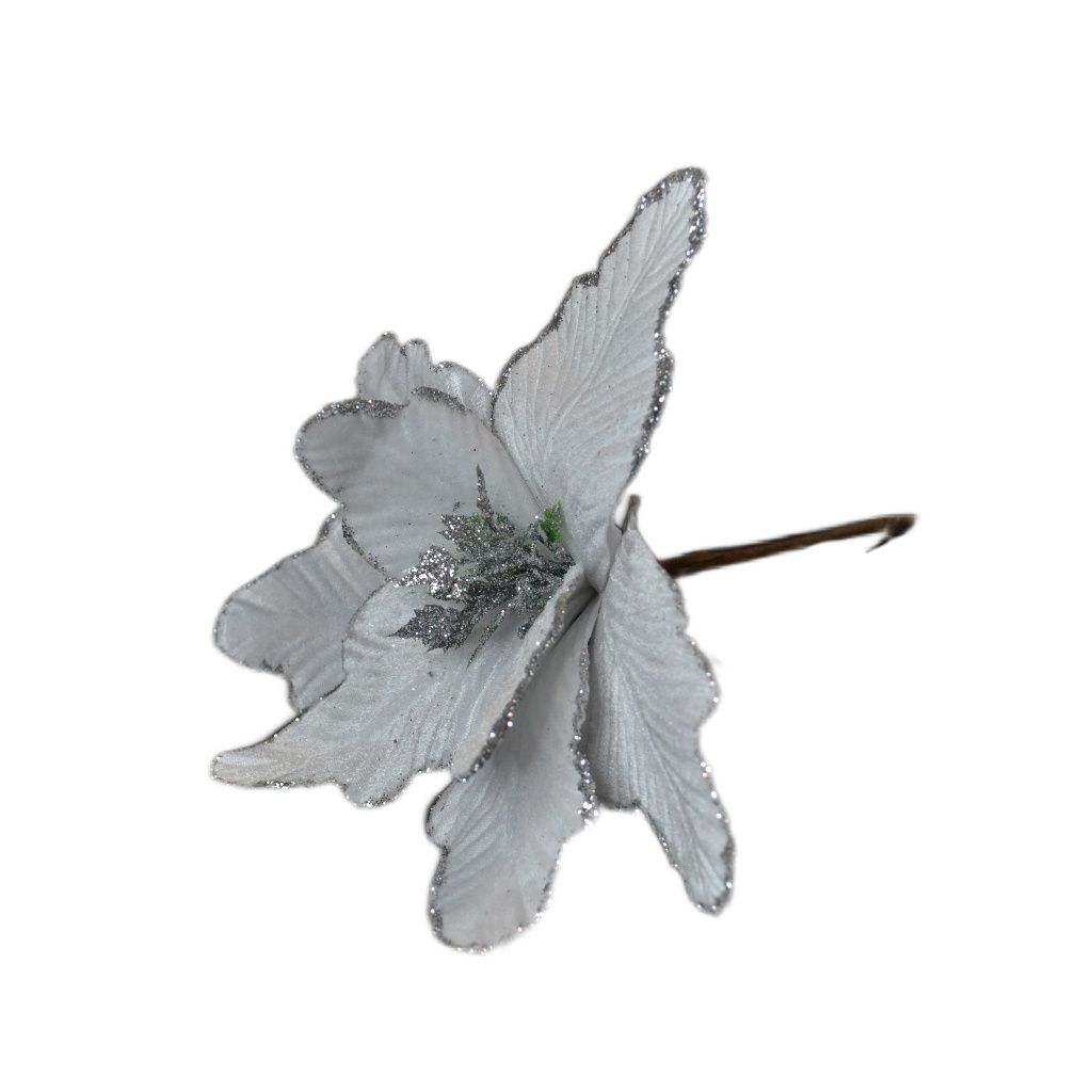 Цветок искусственный Пуансеттия h22 см, белый/серебро, FA10-3 Цветок искусственный Пуансеттия h22 см, белый/серебро, FA10-3