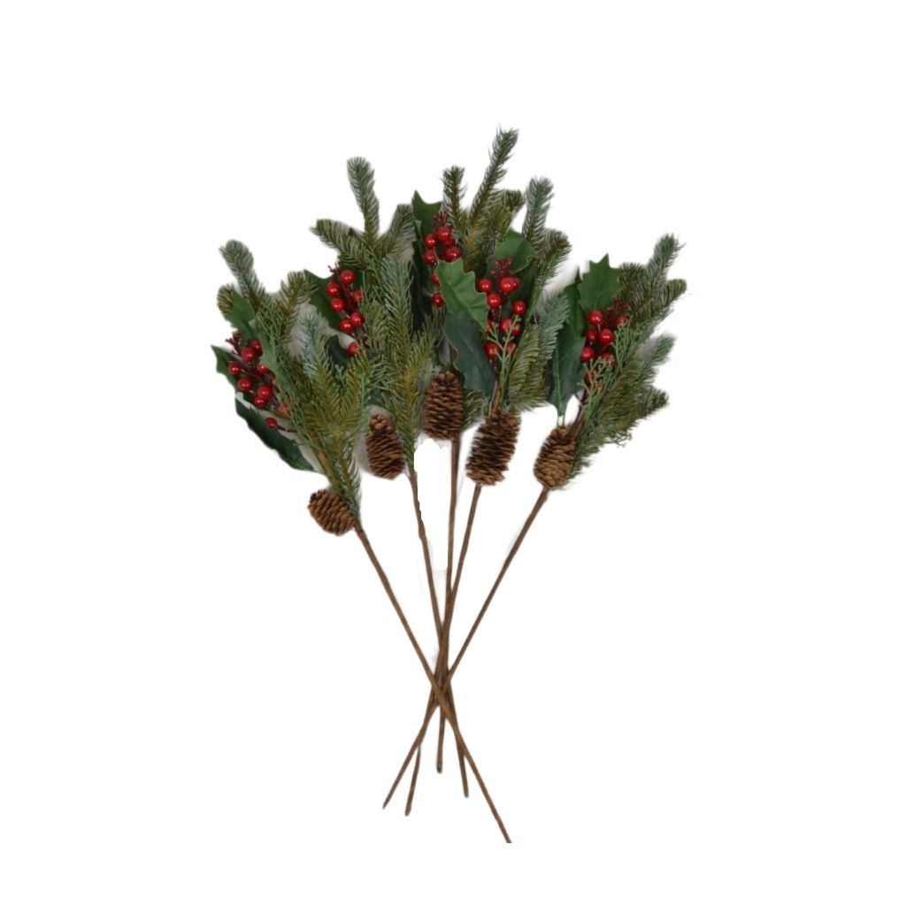 Ветка искусственная еловая с шишками и красными ягодами h60 см, 5 шт, FA10-60 Ветка искусственная еловая с шишками и красными ягодами h60 см, 5 шт, FA10-60