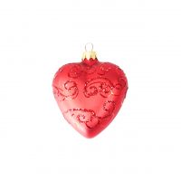 Елочное украшение Сердце красное с красным орнаментом 8 см, стекло - вид 1 миниатюра