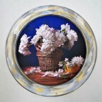 Картина в узкой раме Белые пионы, d18 см - вид 1 миниатюра